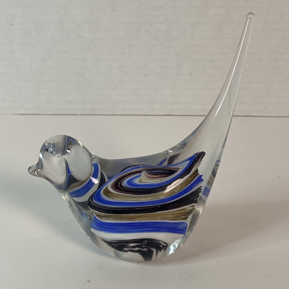 Murano Style Art Glass Bird Figurine Swirl Blue White Gold 5" Paperweight Decor
